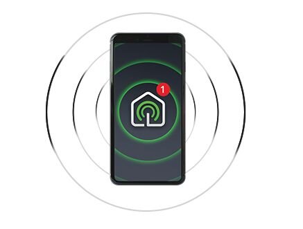 Smartfon z wyświetlaczem pokazującym ikonę domu z zielonymi okręgami i czerwoną kropką z numerem 1. W tle widoczne są koncentryczne okręgi.