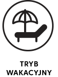 Czarny symbol przedstawiający leżak z parasolem w okręgu.