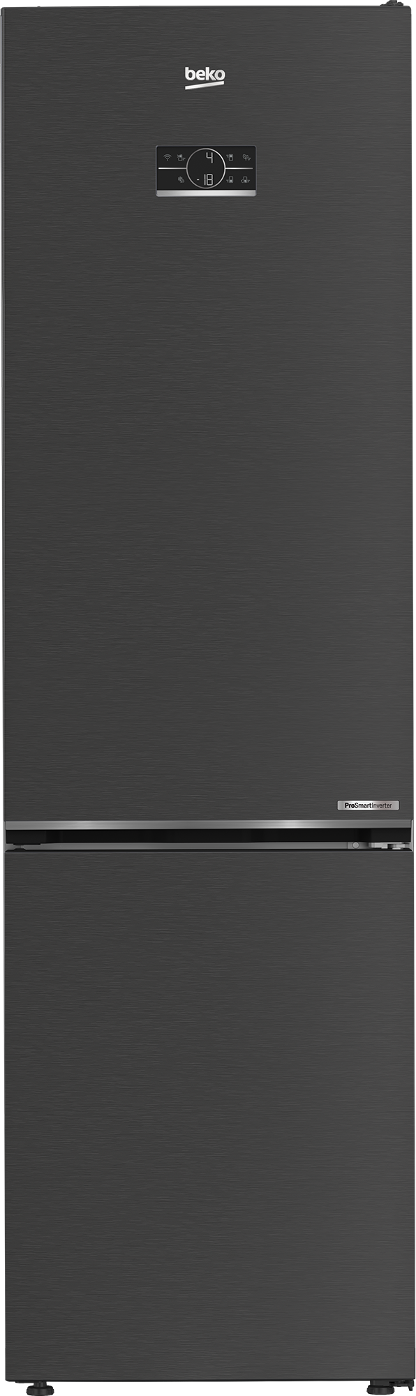 Ciemna lodówka z dwoma drzwiami, na górze widoczne logo \'beko\' oraz panel sterowania z wyświetlaczem. Na dole znajduje się napis \'HarvestFresh\'.