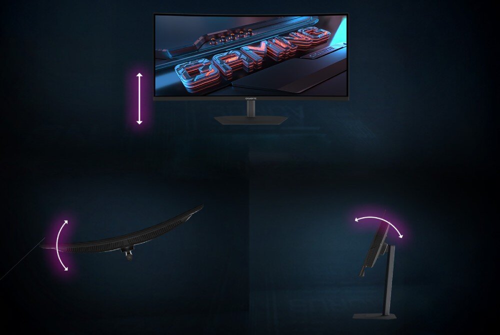 Obraz przedstawia monitor z napisem \'GAMING\' na ekranie. Widać również schematy pokazujące możliwości regulacji wysokości i kąta nachylenia monitora.