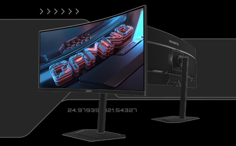 Obraz przedstawia zakrzywiony monitor z wyświetlonym napisem \'GAMING\' oraz logo \'GIGABYTE\'. W tle widoczny jest tył monitora z podstawą, a na dole znajdują się liczby: 24.97939 i 121.54327.