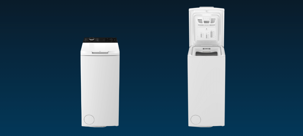 PRALKA BEKO TB721EBESPL Dwa ujęcia pralki pokazują urządzenie z zamkniętą i otwartą pokrywą. Widoczny jest dostęp do bębna od góry wyświetlacz Soft  Opening Drum Up 1200 obr