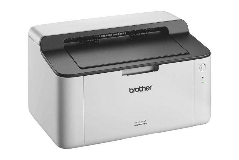 Na obrazie widoczna jest drukarka z logo \'brother\' na przednim panelu. Model oznaczony jako \'HL-1110E\' z napisem \'Designed in Japan\'.