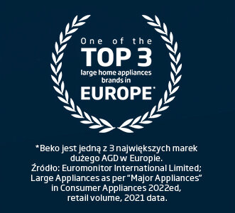 Grafika przedstawia tekst: \'One of the TOP 3 large home appliances brands in EUROPE\'. Poniżej znajduje się informacja: \'*Beko jest jedną z 3 największych marek dużego AGD w Europie. Źródło: Euromonitor International Limited; Large Appliances as per “Major Appliances” in Consumer Appliances 2022ed, retail volume, 2021 data.\'