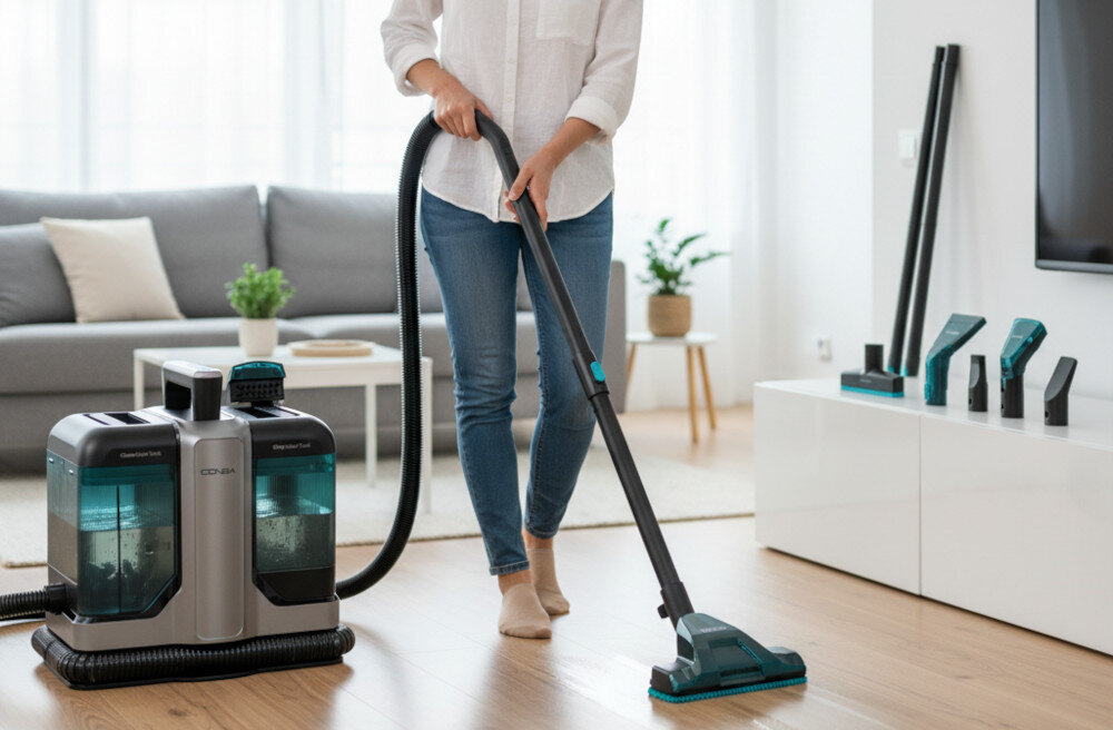 Osoba używa odkurzacza piorącego CECOTEC Carpet&Spot Clean 7500 Elite na drewnianej podłodze w salonie. W tle widać sofę, stolik z rośliną oraz akcesoria do odkurzacza na białej szafce.