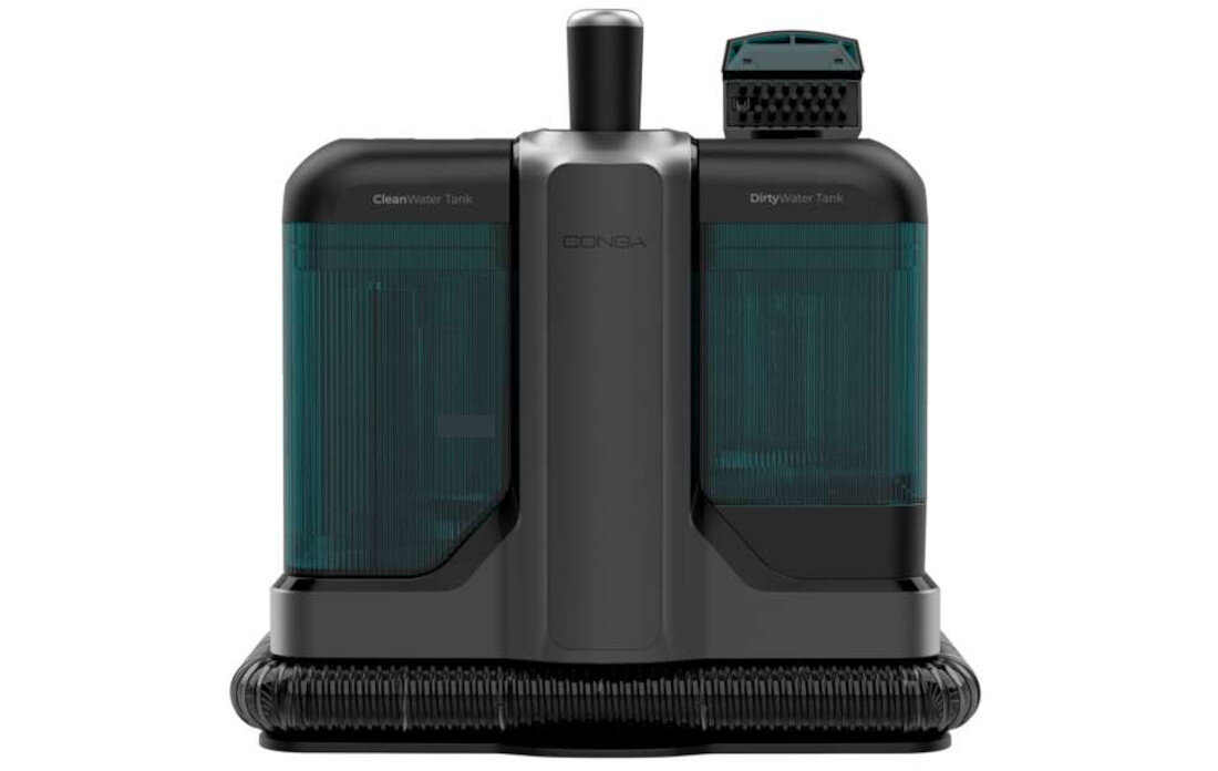 Na obrazie widoczny jest odkurzacz piorący z dwoma zbiornikami oznaczonymi jako \'Clean Water Tank\' i \'Dirty Water Tank\'. Na środku znajduje się napis \'CONGA\'.
