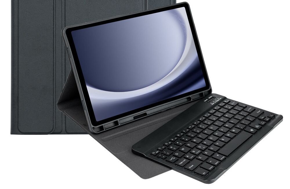 Na obrazie widoczne jest czarne etui z klawiaturą, w którym umieszczony jest tablet z wyświetlaczem pokazującym abstrakcyjny wzór. Etui jest otwarte, a klawiatura jest widoczna na pierwszym planie.