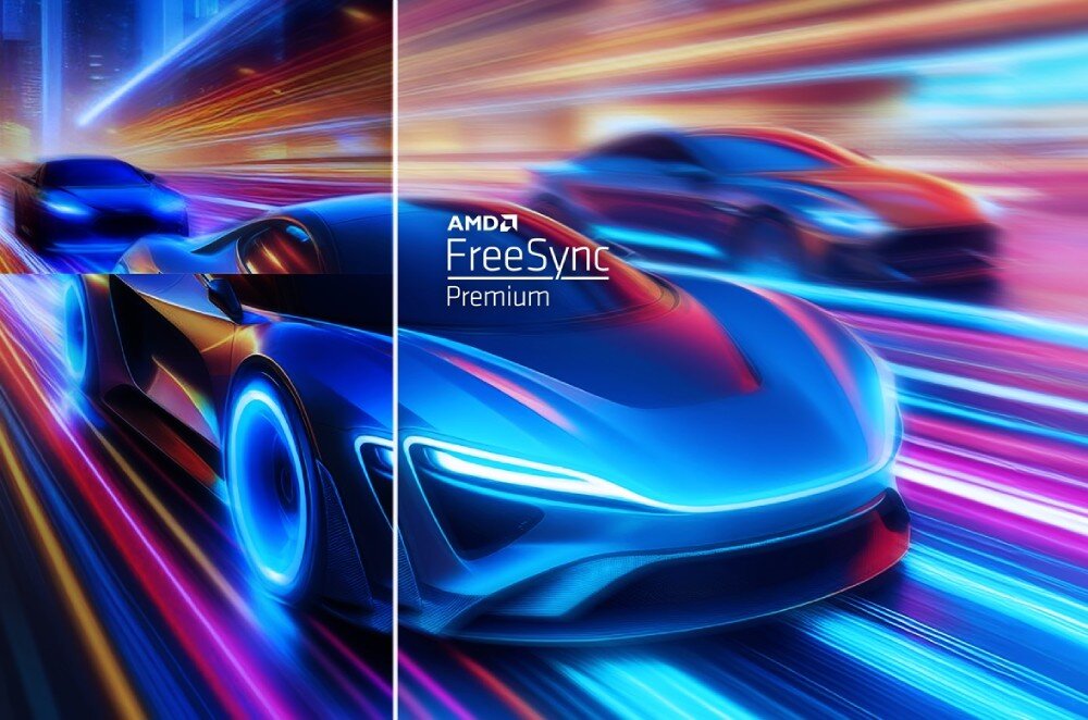 Obraz przedstawia dynamiczną scenę z trzema futurystycznymi samochodami w ruchu, z efektem rozmycia świateł. Na środku widoczny jest napis \'AMD FreeSync Premium\'.