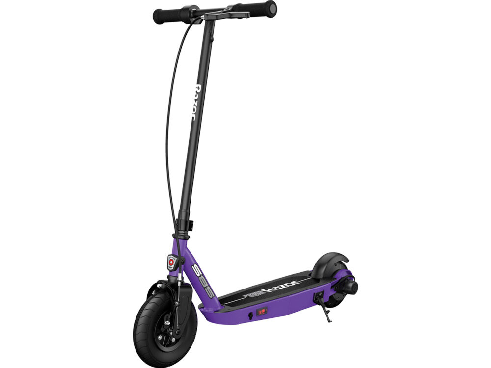 Fioletowa hulajnoga elektryczna z czarną kierownicą i kołami. Na ramie widoczne jest logo \'Razor\'.