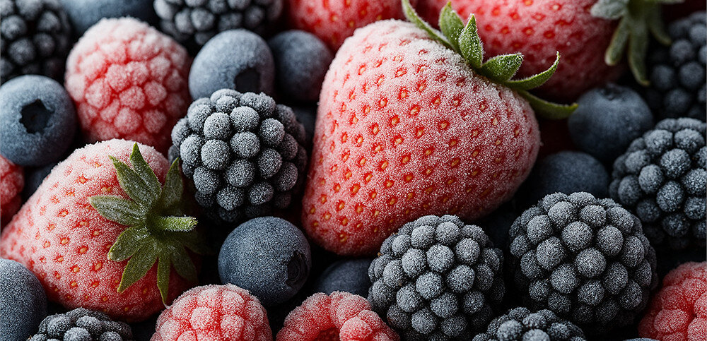 Obraz przedstawia zbliżenie na zamrożone owoce, w tym truskawki, maliny, jeżyny i borówki, pokryte szronem.