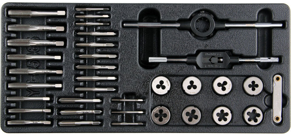 Wkład do szuflady TOYA YT-55465 (35 elementów) na białym blacie stal hss m2 gwintowniki pokrętła