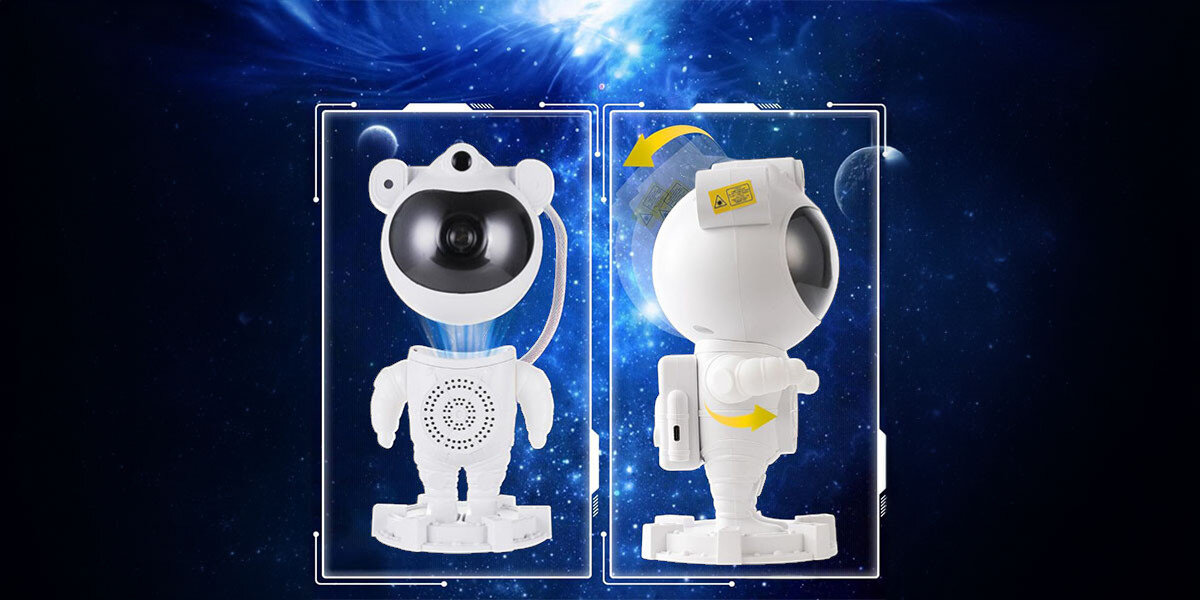Obraz przedstawia biały projektor w kształcie astronauty z dużym obiektywem na przodzie i głośnikiem na korpusie. Tło jest kosmiczne, z widocznymi planetami i gwiazdami.