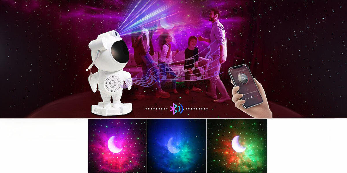 Obraz przedstawia projektor w kształcie astronauty, emitujący kolorowe światła i wzory na ścianie. W dolnej części widoczne są trzy miniatury z różnymi kolorowymi projekcjami księżyca i gwiazd.