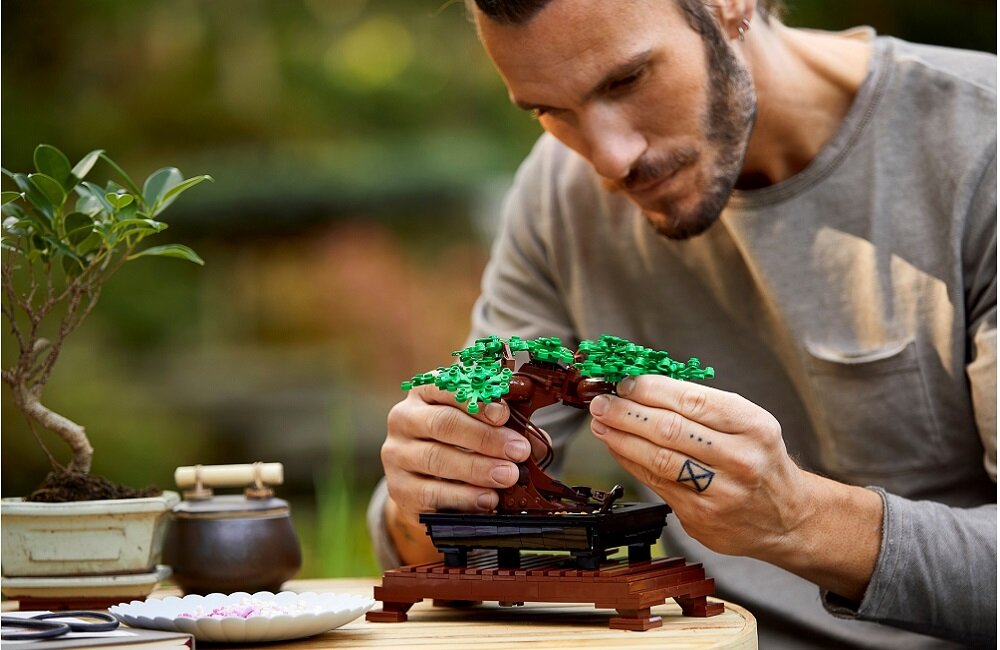 Osoba składa model drzewka bonsai z klocków LEGO. W tle widoczna jest roślina w doniczce i mały czajnik.