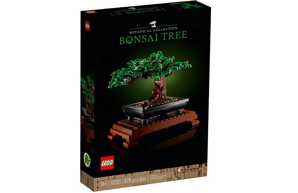 Opakowanie zestawu LEGO z serii Botanical Collection przedstawiające drzewko bonsai. Widoczny tekst: \'Bonsai Tree\', \'10281\', \'878 pcs/pzs\', \'LEGO\'.