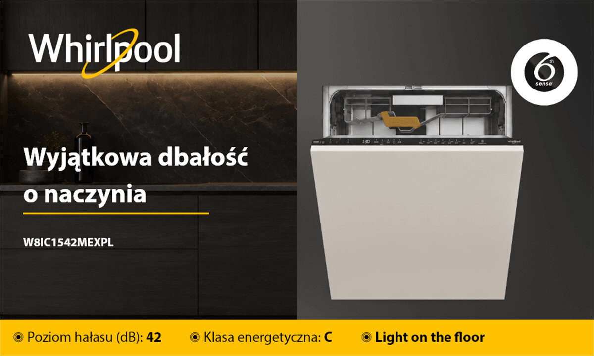 ZMYWARKA WHIRLPOOL W8IC1542MEXPL MAXISPACE POWERCLEAN Zmywarka Whirlpool do zabudowy z otwartymi drzwiami. Grafika podkreśla niski poziom hałasu 42 dB, klasę energetyczną C oraz funkcję Light on the Floor