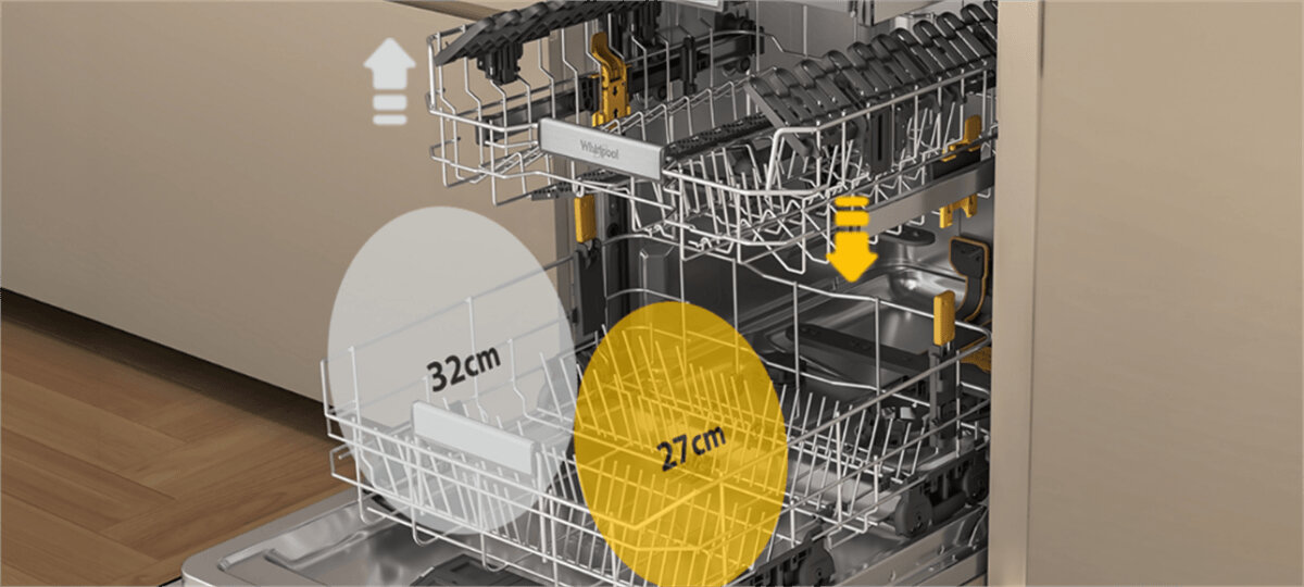 ZMYWARKA WHIRLPOOL W8IC1542MEXPL MAXISPACE POWERCLEAN Otwarta zmywarka z regulowanymi koszami. Grafika pokazuje możliwość dostosowania wysokości górnego kosza oraz miejsce na większe naczynia Maxi Space większa pojemność więcej miejsca garnki miski wygodny załadunek