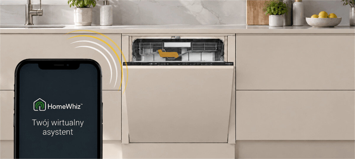 ZMYWARKA WHIRLPOOL W8IC1542MEXPL MAXISPACE POWERCLEAN Zmywarka Whirlpool sterowana za pomocą aplikacji HomeWhiz na smartfonie. Grafika podkreśla możliwość zdalnego zarządzania urządzeniem HomeWhiz zdalne sterowanie smartfon kontrola urządzenia dodatkowe programy