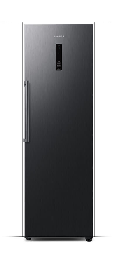 Grafitowa lodówka z pionowym uchwytem i panelem sterowania na drzwiach. Widoczne logo: SAMSUNG.