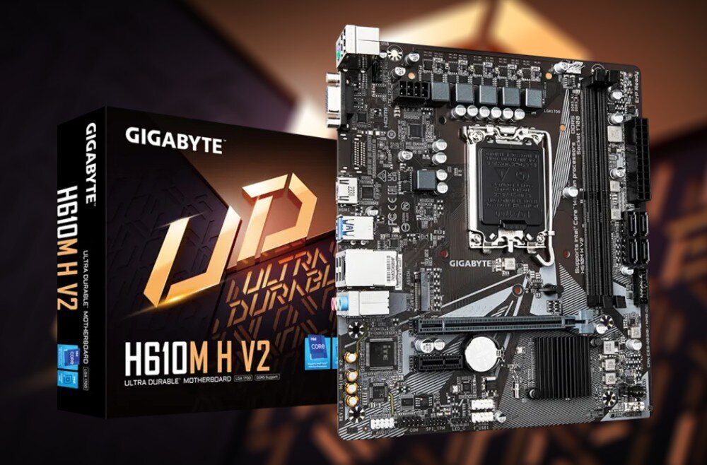 Na obrazie widoczna jest płyta główna z napisem \'GIGABYTE\' oraz pudełko z tekstem \'H610M H V2 ULTRA DURABLE MOTHERBOARD\'.