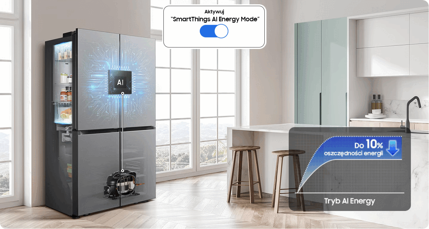Nowoczesna czterodrzwiowa lodówka w jasnej kuchni z włączonym trybem SmartThings AI Energy Mode. Nowoczesna czterodrzwiowa lodówka w jasnej kuchni z włączonym trybem SmartThings AI Energy Mode.