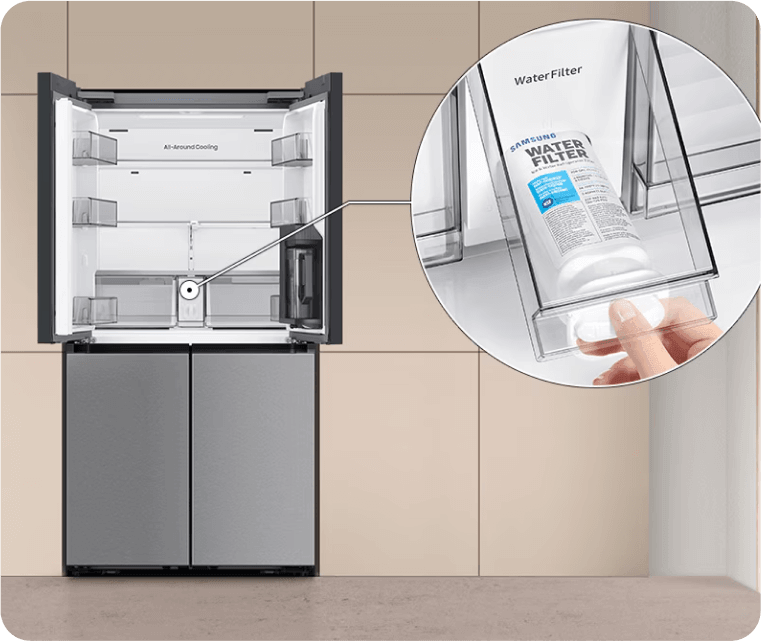 Otwarta czterodrzwiowa lodówka z pustymi półkami i powiększonym detalem wymiennego filtra wody Samsung. Otwarta lodówka z widocznymi półkami i napisem \'All-Around Cooling\'. Obok powiększenie filtra wody z napisem \'SAMSUNG WATER FILTER\'.