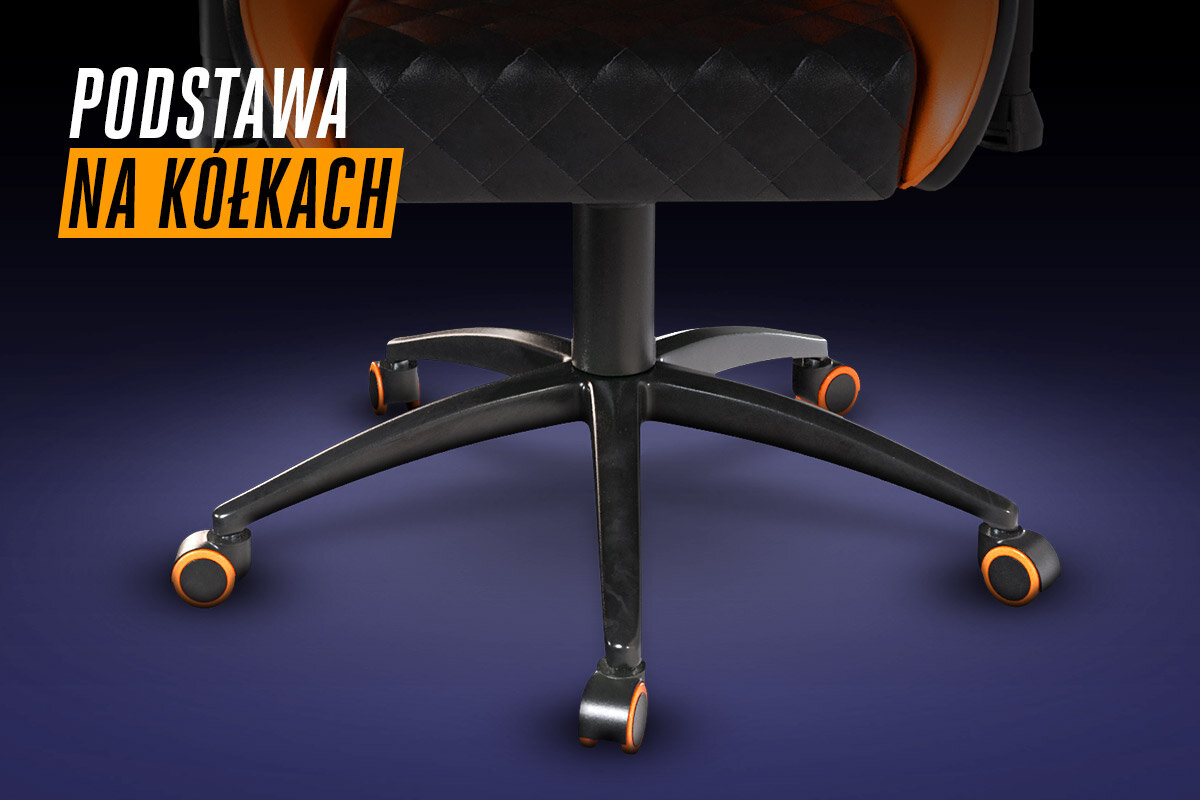 Czarna podstawa fotela na kółkach z pomarańczowymi akcentami. Tekst na obrazie: \'PODSTAWA NA KÓŁKACH\'.