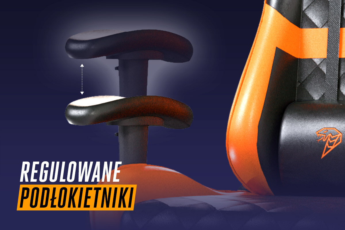 Obraz przedstawia czarno-pomarańczowy fotel gamingowy z regulowanymi podłokietnikami. Na dole widoczny jest tekst: \'REGULOWANE PODŁOKIETNIKI\'.