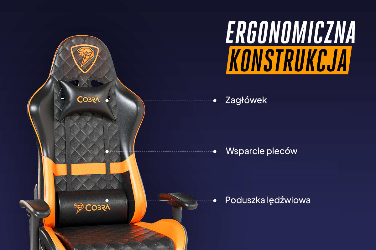Fotel gamingowy w kolorze czarno-pomarańczowym z logo COBRA, posiada zagłówek, wsparcie pleców i poduszkę lędźwiową. Na obrazie widoczny jest napis \'ERGONOMICZNA KONSTRUKCJA\'.