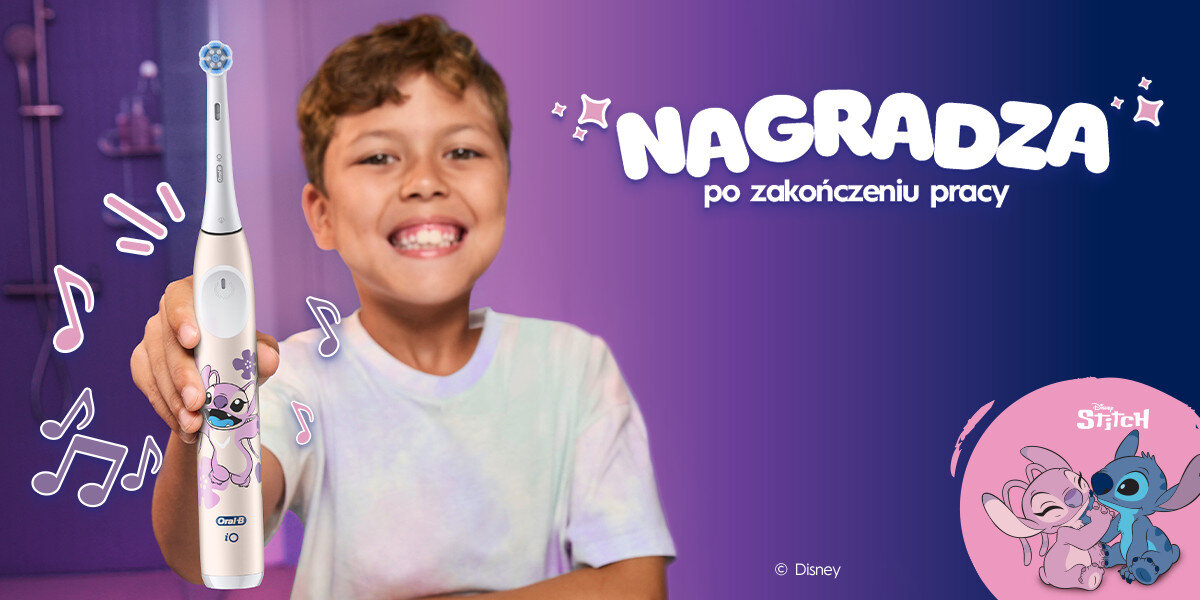 Dziecko trzyma szczoteczkę magnetyczną z motywem postaci z bajki, obok widoczny jest napis \'NAGRADZA po zakończeniu pracy\'. W prawym dolnym rogu znajduje się ilustracja dwóch postaci z bajki oraz napis \'Stitch\'.