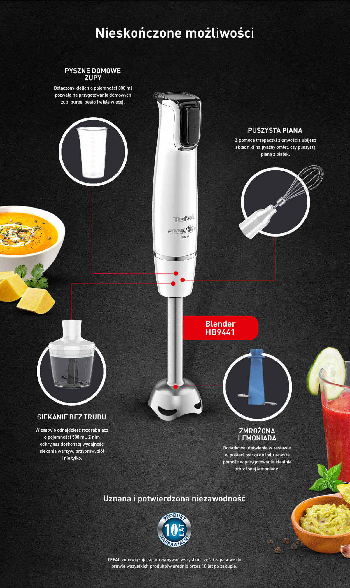 Obraz przedstawia blender ręczny z logo Tefal, model HB9441, z różnymi akcesoriami do przygotowywania zup, piany, siekania i mrożonych napojów. Na dole znajduje się informacja o 10-letniej gwarancji na naprawę produktu.