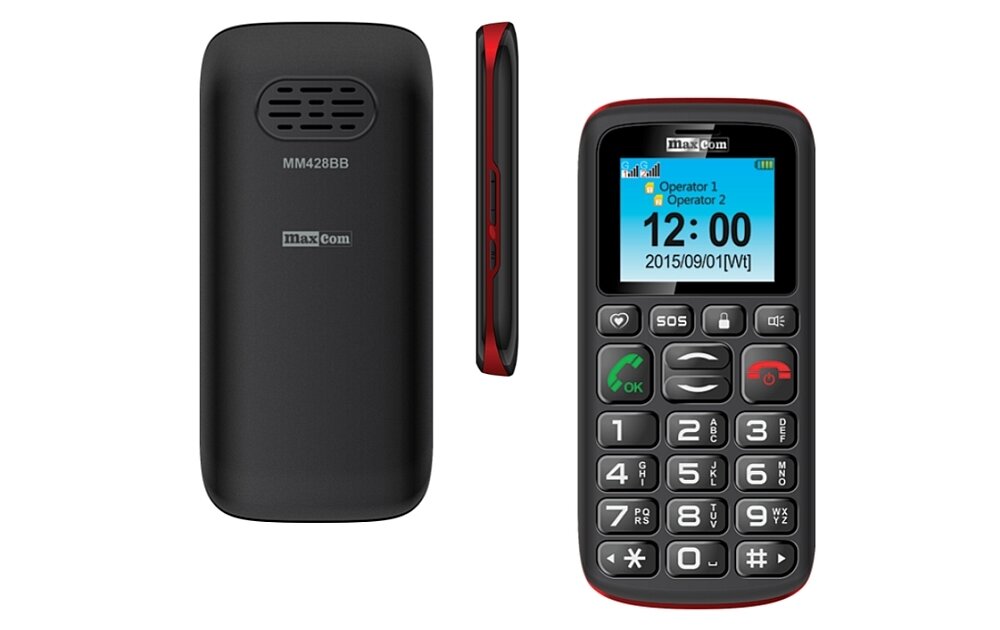 Na obrazie widoczny jest czarny telefon komórkowy z dużymi przyciskami i kolorowym wyświetlaczem, na którym widnieje godzina 12:00 oraz data 2015/09/01 [Wt]. Na tylnej obudowie telefonu znajduje się napis \'maxcom\' oraz oznaczenie modelu \'MM428BB\'.