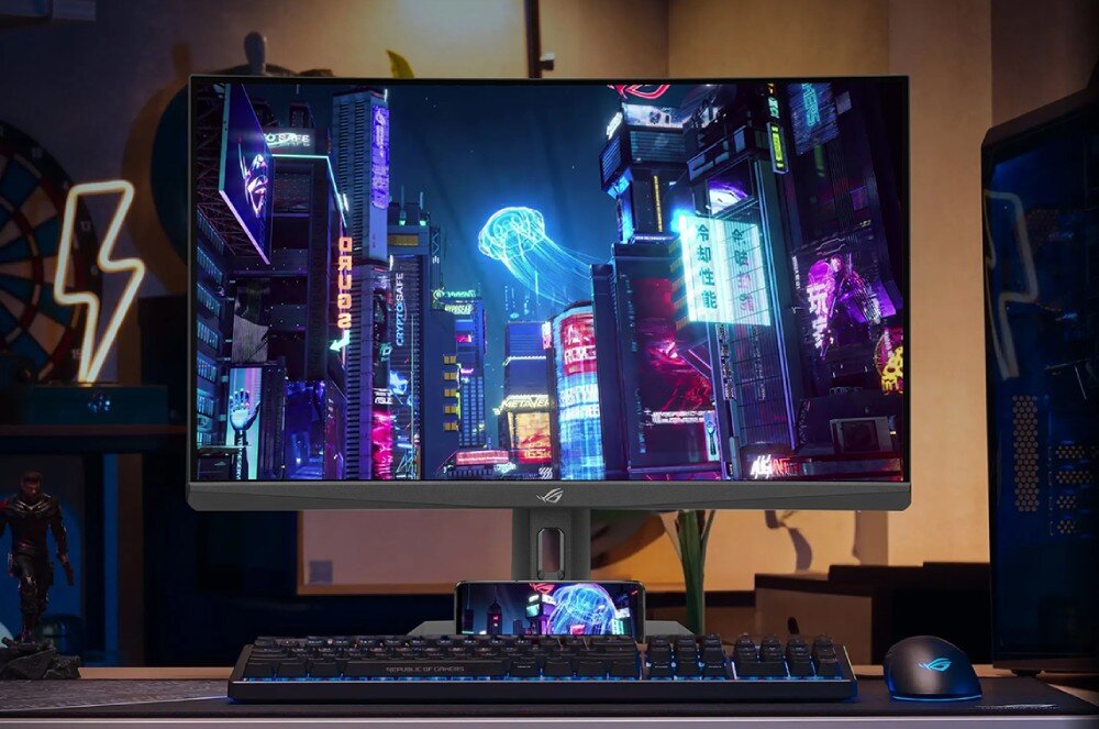 Na obrazie widoczny jest monitor z wyświetlonym kolorowym miastem nocą, otoczony klawiaturą i myszką. Na monitorze i podstawce widoczne jest logo w kształcie litery \'R\'.