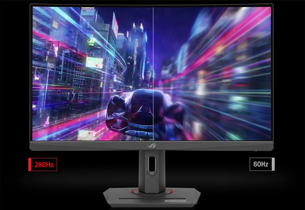 Monitor wyświetla dynamiczną scenę z podziałem na dwie części, z oznaczeniami \'280Hz\' i \'60Hz\'. Na dole ekranu widoczne jest logo producenta.
