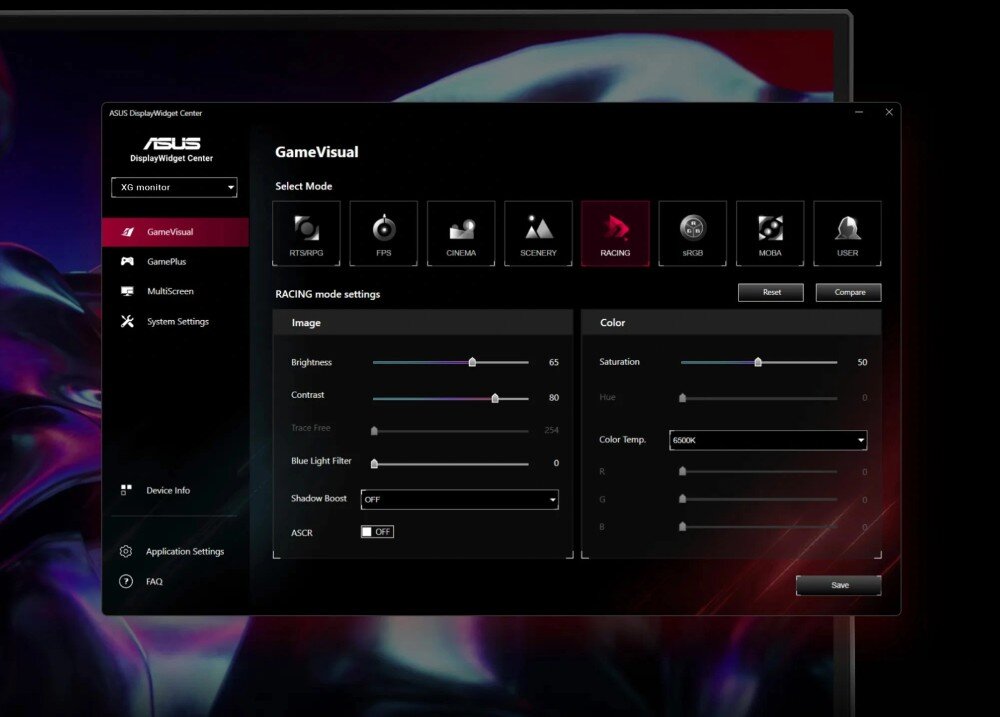 Interfejs oprogramowania ASUS DisplayWidget Center z widocznymi ustawieniami GameVisual. Na ekranie można dostosować tryby wyświetlania, jasność, kontrast oraz temperaturę kolorów.