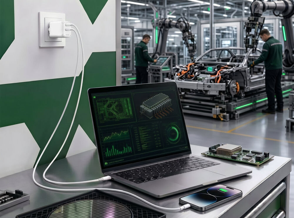 Na pierwszym planie znajduje się laptop z wyświetlonymi wykresami i schematami, obok którego leży smartfon. W tle widać linię produkcyjną z samochodem i pracownikami w fabryce.