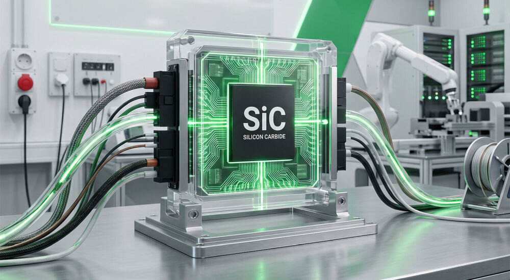 Obraz przedstawia urządzenie z napisem \'SiC Silicon Carbide\' w laboratorium, z którego wychodzą przewody. W tle widoczne są elementy wyposażenia laboratoryjnego i robot przemysłowy.