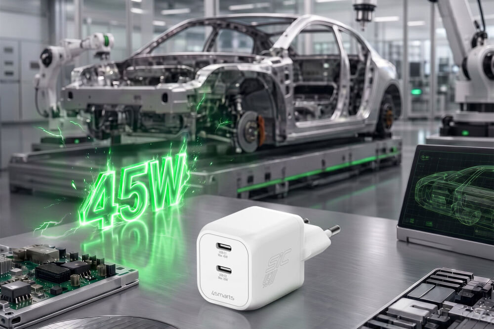 Na pierwszym planie znajduje się biała ładowarka z dwoma portami USB-C, oznaczona logo \'4smarts\'. W tle widać szkic samochodu i napis \'45W\' w zielonym kolorze.