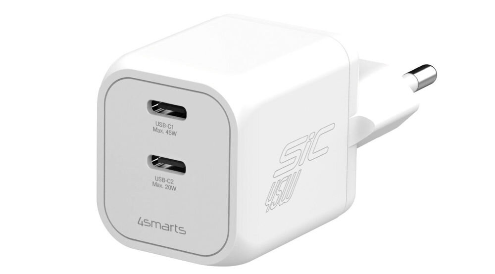 Biała ładowarka sieciowa z dwoma portami USB-C oznaczonymi jako USB-C1 Max. 45W i USB-C2 Max. 20W. Na obudowie widoczne jest logo \'4smarts\' oraz napis \'SiC 45W\'.