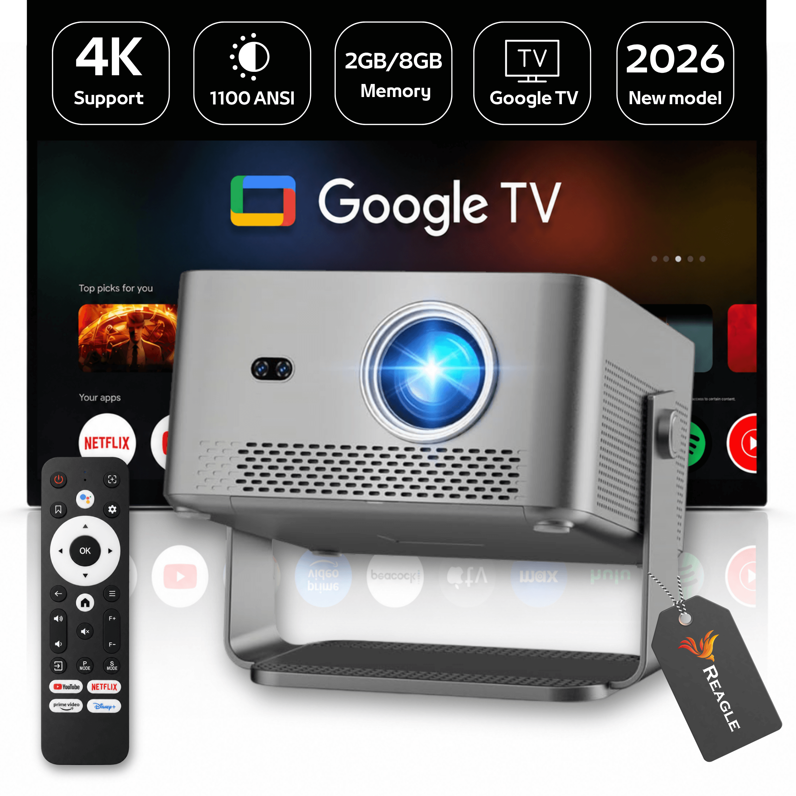 Obraz przedstawia projektor LED z wyraźnie widocznym obiektywem, obok którego znajduje się pilot z przyciskami aplikacji takich jak Netflix i YouTube. W tle widoczny jest ekran z logo Google TV oraz ikonami aplikacji, a na górze znajdują się napisy: \'4K Support\', \'1100 ANSI\', \'2GB/8GB Memory\', \'TV Google TV\', \'2026 New model\'.