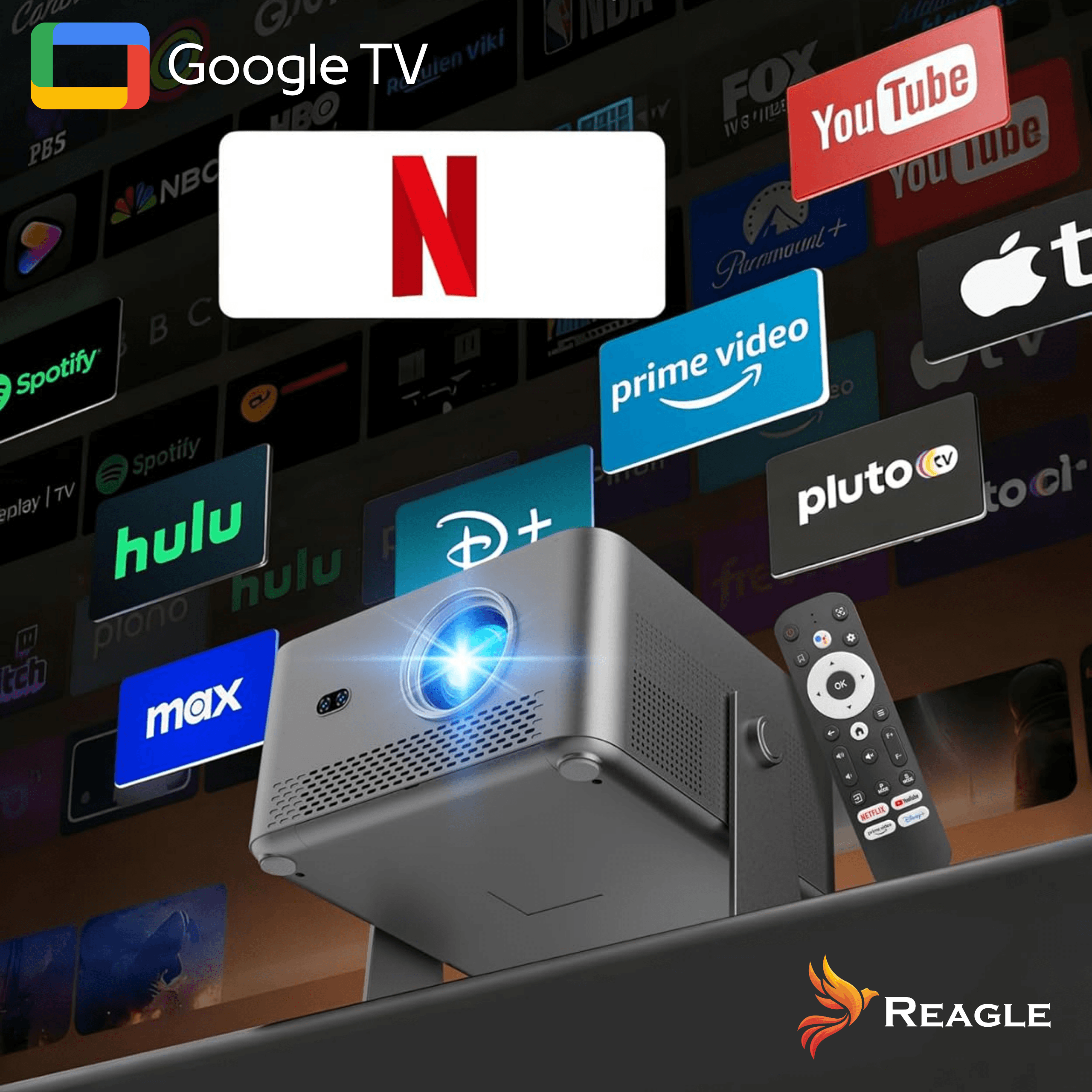 Obraz przedstawia projektor z niebieskim światłem oraz pilotem, otoczony ikonami popularnych serwisów streamingowych, takich jak Netflix, YouTube, Hulu i Prime Video. W prawym dolnym rogu widoczne jest logo Reagle.