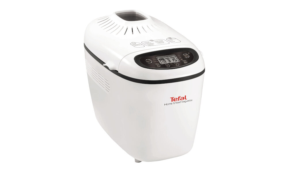 Biały wypiekacz do chleba z wyświetlaczem cyfrowym i przyciskami na górze. Na obudowie widoczne jest logo \'Tefal Home bread baguette\'.