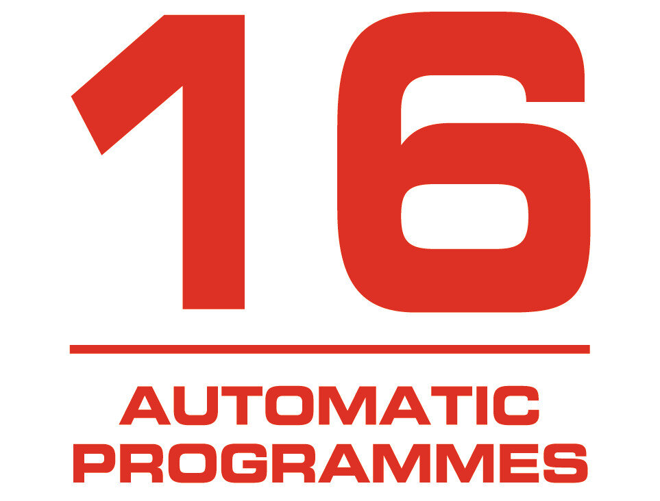 Obraz przedstawia czerwony napis \'16 AUTOMATIC PROGRAMMES\' na białym tle.