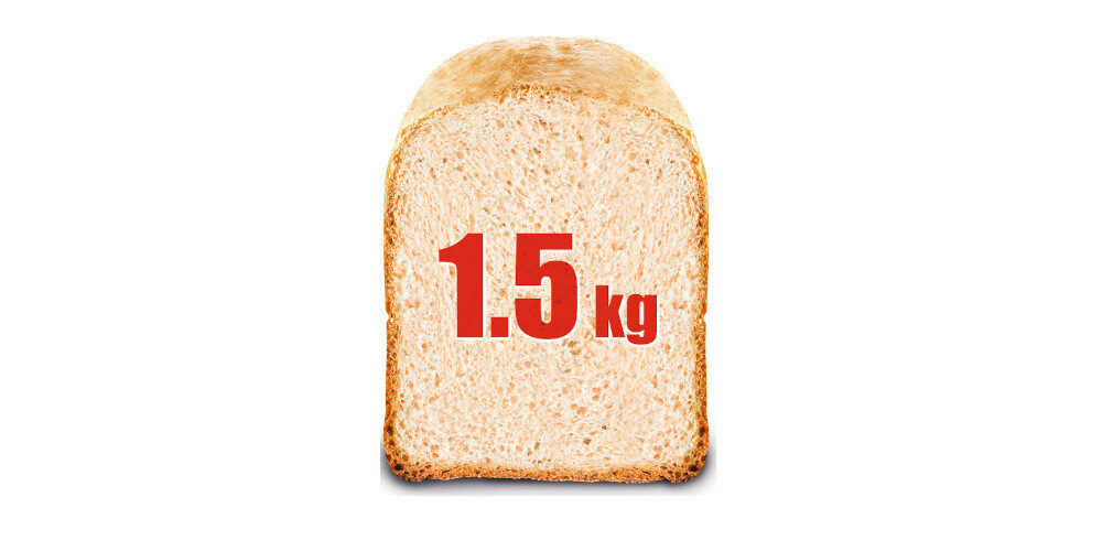 Obraz przedstawia kromkę chleba z napisem \'1.5 kg\' w kolorze czerwonym na środku.