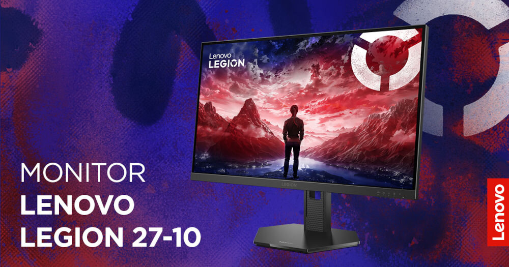 Obraz przedstawia monitor z wyświetlonym krajobrazem górskim i postacią na tle czerwono-niebieskiego nieba. Na obrazie widoczny jest tekst: \'MONITOR LENOVO LEGION 27-10\' oraz logo Lenovo.