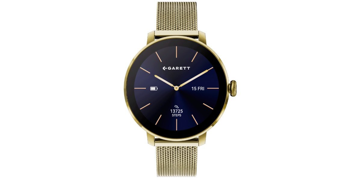 Złoty smartwatch z okrągłą tarczą, na której widnieje logo \'GARETT\', wskaźnik baterii, data \'15 FRI\' oraz liczba kroków \'13725 STEPS\'. Pasek zegarka ma siatkową strukturę.