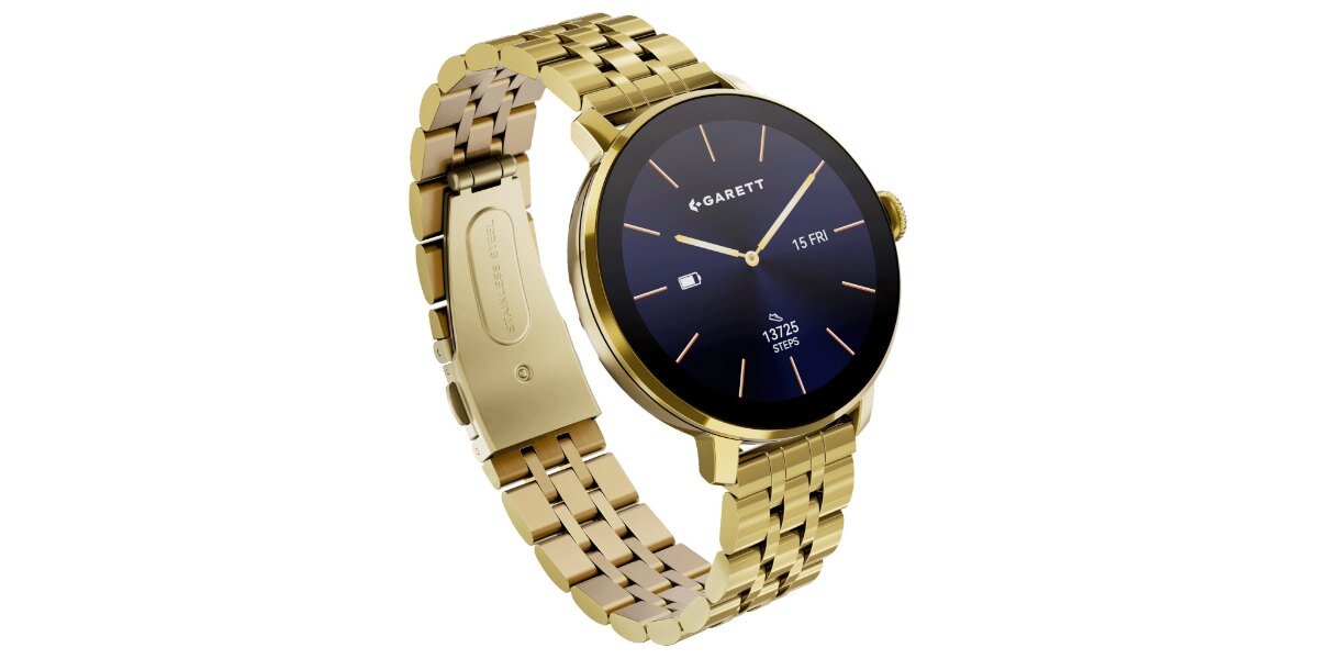 Złoty smartwatch z okrągłą tarczą, na której widnieje logo \'GARETT\' oraz data \'15 FRI\'. Pasek wykonany jest z metalowych ogniw.