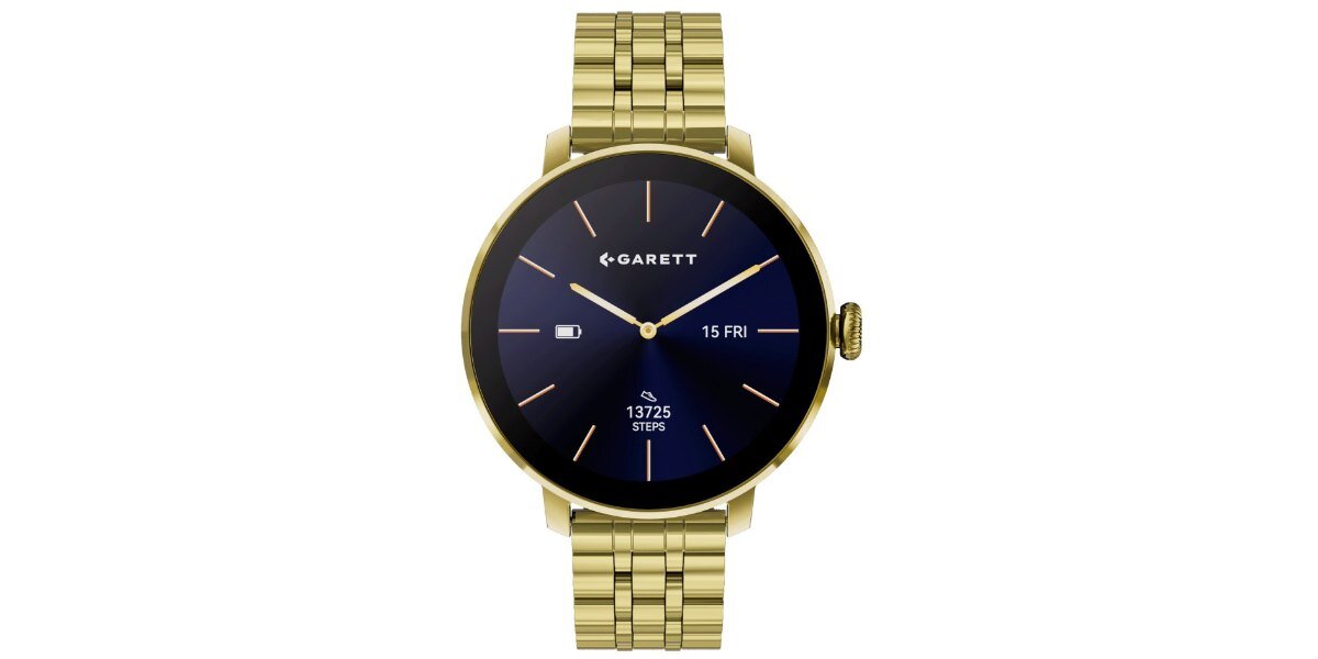 Złoty smartwatch z okrągłą tarczą, na której widnieje logo \'GARETT\', wskaźnik baterii, data \'15 FRI\' oraz liczba kroków \'13725 STEPS\'.
