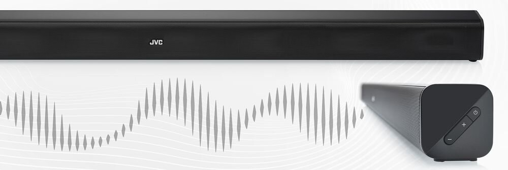 Czarny soundbar z logo JVC na środku, obok widoczna jest jego boczna część z przyciskami. W tle znajduje się graficzna reprezentacja fal dźwiękowych.