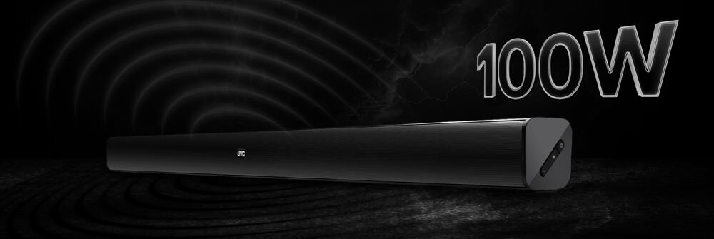 Czarny soundbar z logo JVC na ciemnym tle, obok widoczny napis \'100W\'.